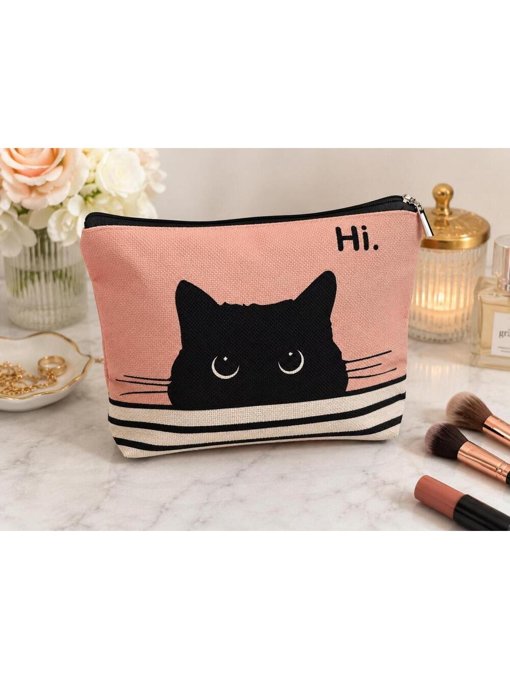 Cute Pink White and Black Cat Print Canvas Zipper Pouch/Makeup Bag
